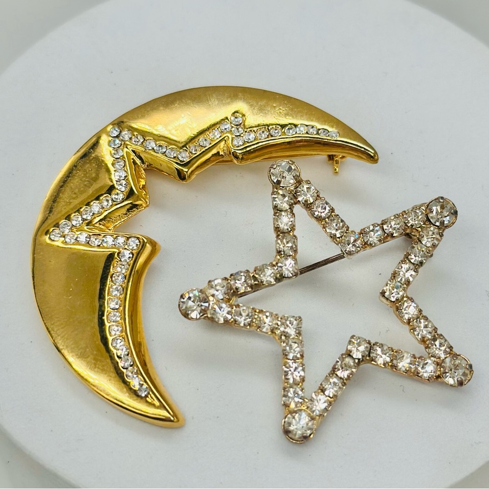 Lot Vintagee Celestial Brooch OTC Gold Tone Stat Prong Set Rhinestones 90s